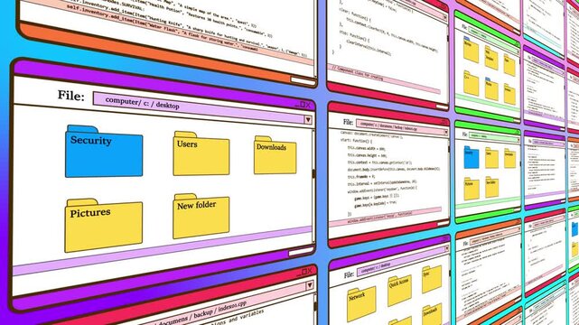  Old fashioned abstract nostalgic colorful animation with computer user interface windows. Code with files change in ui