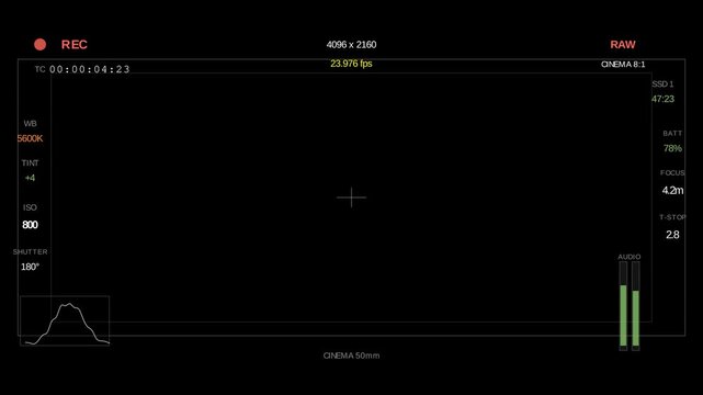 Cinema camera monitor HUD overlay timecode frame rate raw codec color temp 4K seamless loop professional filmmaking display