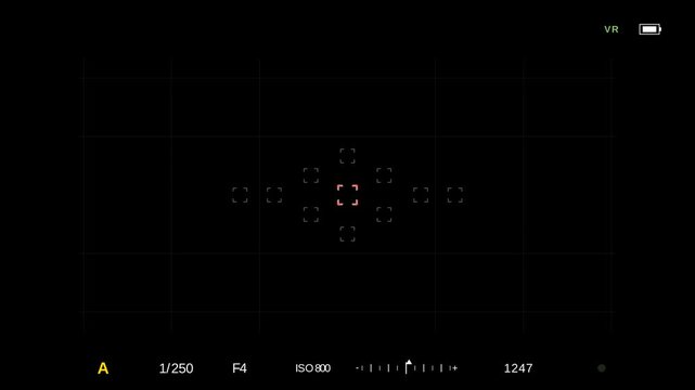 DSLR viewfinder HUD overlay focus brackets exposure meter stabilization indicator 4K seamless loop photography realistic camera display