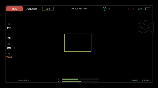 Hybrid video photo camera HUD overlay log gamma 4K waveform stabilization audio meters seamless loop filmmaking display