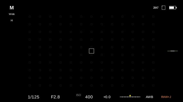 Mirrorless camera EVF electronic viewfinder HUD overlay focus points exposure meter 4K seamless loop photography realistic display