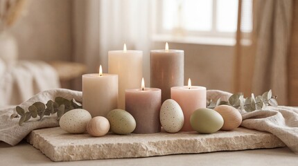 Easter candles and pastel eggs with eucalyptus leaves on stone slab. Spring holiday decoration concept for celebration table in cozy interior. Lit tapers in neutral tones for seasonal greeting card