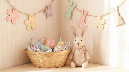 Cozy easter kids corner with basket of pastel eggs and stuffed bunny. Spring holiday decoration setup with hanging garland of flowers and rabbits. Child-friendly celebration scene for seasonal joy.