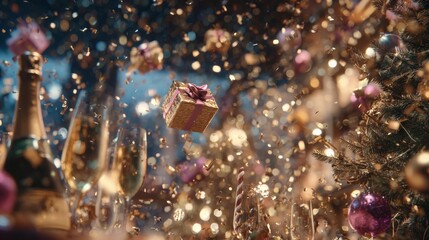 Vibrant gift boxes flying amid glittering confetti and sparkles, perfect for cheerful Christmas promotions, festive banners and holiday joy campaigns.