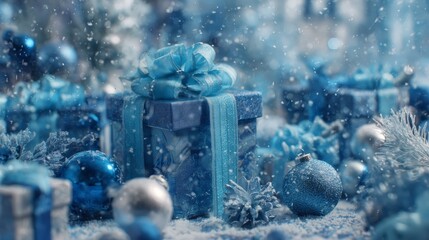 Elegant icy blue present with sparkling ribbon surrounded by Christmas ornaments in falling snow