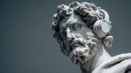 Sculpture of a man with headphones and glasses in a modern setting