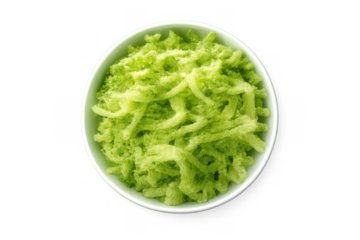 Green textured noodles or shredded food ingredient in a white bowl, preparing snack or meal, transparent background