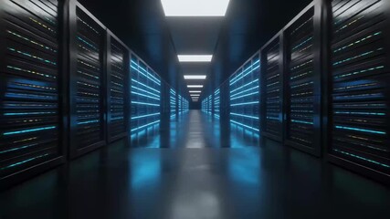 Futuristic data center aisle with glowing blue server racks and digital information flow, Futuristic data center with glowing blue servers and digital networks, Advanced cloud computing . - Powered by Adobe