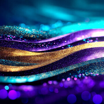 Glitter Golden Teal Violet Wave Stripes Design Sparkle Motion Lines with bokeh effect background