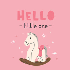 A pink vector background with the word hello little one on it and wooden rocking horse 