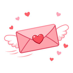 A cute graphic illustration of a pink envelope with a red heart seal and white angel wings flying among small red and pink hearts.