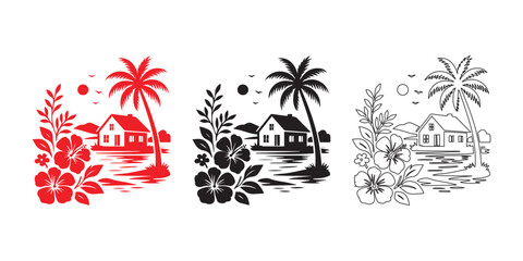 Obraz premium Tropical Beach House Silhouette with Palm Trees and Flowers Vector Design 
