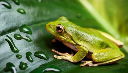 a green frog sits on a vibrant leaf with water droplets
