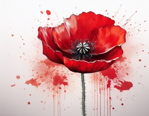 a single red poppy on a white background with red paint splatters behind it