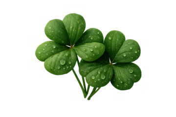 Green four leaf clovers with dew drops for good luck and saint patrick's day design elements