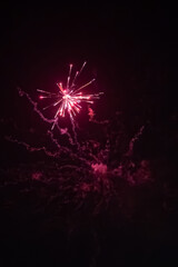 Fototapeta premium Pink fireworks exploding in night sky with smoke trails, dramatic celebration scene