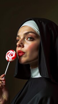 A woman in a nun outfit holding a lollipop in her mouth