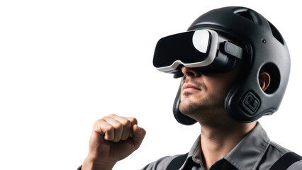 Man wearing VR headset and boxing helmet, isolated on transparent background