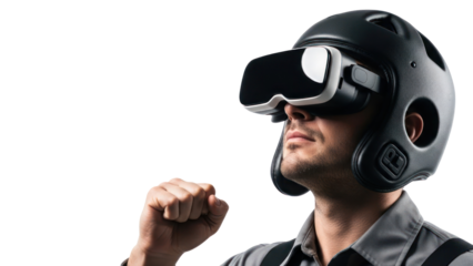 Man wearing VR headset and boxing helmet, isolated on transparent background