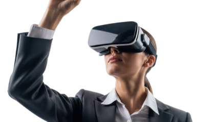 Woman in VR headset reaching up, isolated on transparent background