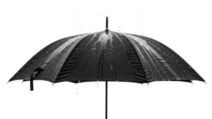Black umbrella with rain drops isolated on transparent background