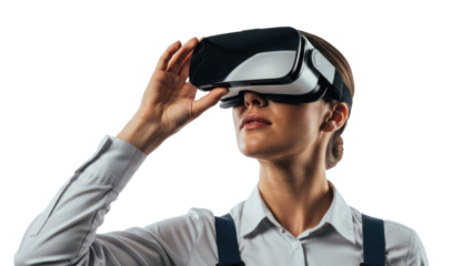 Woman wearing VR headset, isolated on transparent background