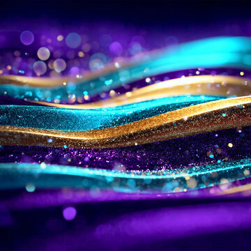 Glitter Golden Teal Violet Wave Stripes Design Sparkle Motion Lines with bokeh effect background