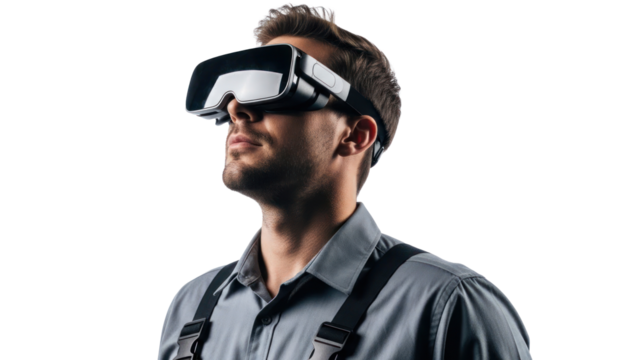 Man wearing VR headset, exploring virtual reality, isolated on transparent background - Powered by Adobe
