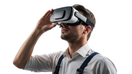 Man wearing VR headset, isolated on transparent background