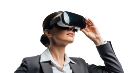 Woman in VR headset experiencing virtual reality, isolated on transparent background