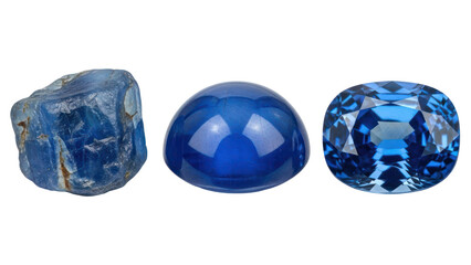 Three Blue Gemstones: Raw, Cabochon, and Faceted, isolated on transparent background