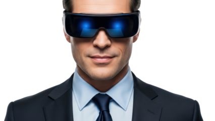 Businessman wearing futuristic VR glasses, isolated on transparent background