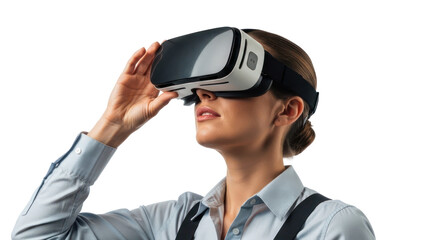 Woman using virtual reality headset, isolated on transparent background