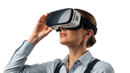 Woman using virtual reality headset, isolated on transparent background