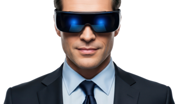Businessman wearing futuristic VR glasses, isolated on transparent background - Powered by Adobe