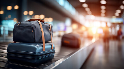 Modern airport baggage claim display rolling suitcase luggage area travelers waiting carousel baggage collection environment passenger retrieval zone defocused terminal