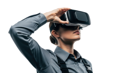Woman wearing VR headset, isolated on transparent background
