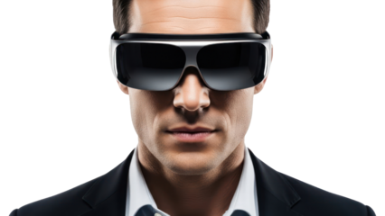Man wearing futuristic VR glasses, isolated on transparent background