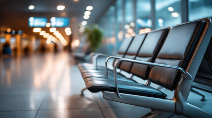 Deserted airport waiting area display rows empty seats departure abandoned terminal environment quiet aviation facility passenger absence scene defocused interior background