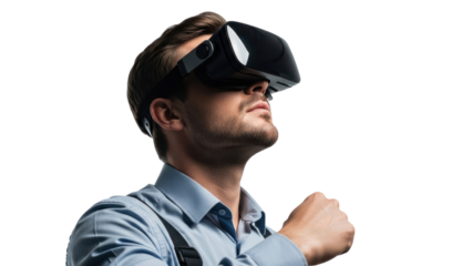 Man wearing VR headset, experiencing virtual reality isolated on transparent background