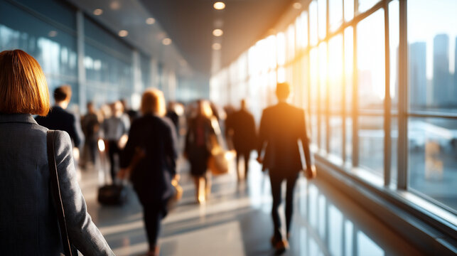 Busy airport terminal corridor filled travelers and sunlight windows peak travel time scene passenger traffic flow aviation facility bustle defocused architectural background