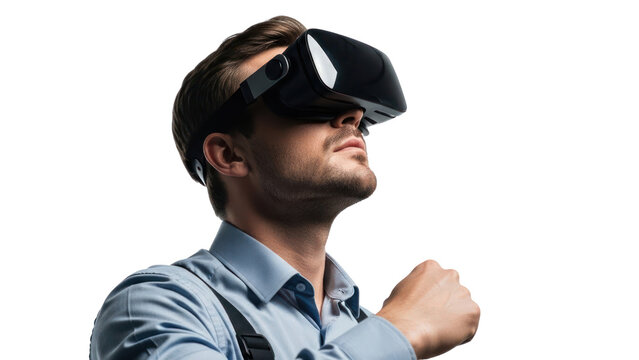 Man wearing VR headset, experiencing virtual reality isolated on transparent background