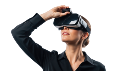 Woman wearing VR headset, isolated on transparent background