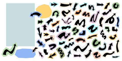 Set of hand-drawn black marker arrows with various shapes and patterns, note frames in collage style on colorful scrapbook paper cut-out pieces. Creative vector set of decorative pointer stickers.