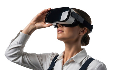 Woman wearing VR headset, isolated on transparent background