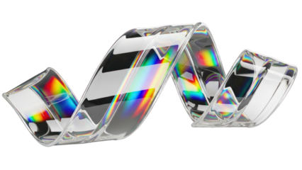 Crystal ribbon with rainbow light refraction, isolated on transparent background