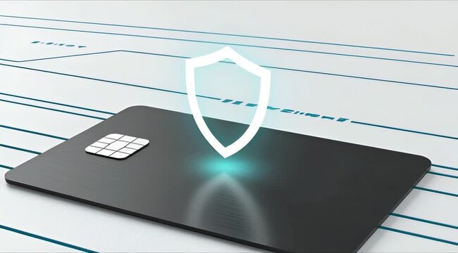credit card insurance Secure chip card with glowing shield icon on digital background