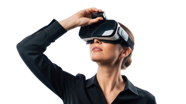 Woman wearing VR headset, isolated on transparent background - Powered by Adobe