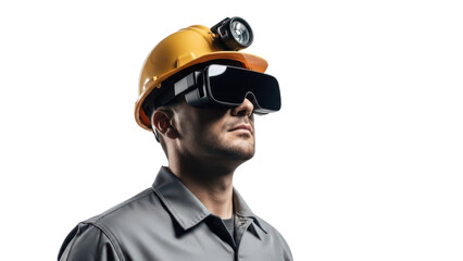 Miner wearing VR headset and hard hat isolated on transparent background.