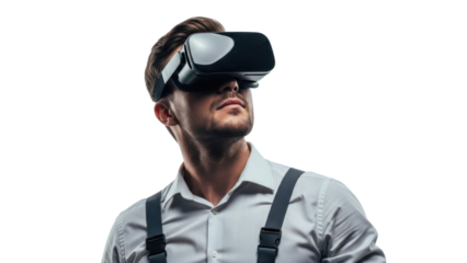 Man wearing VR headset, looking up, isolated on transparent background